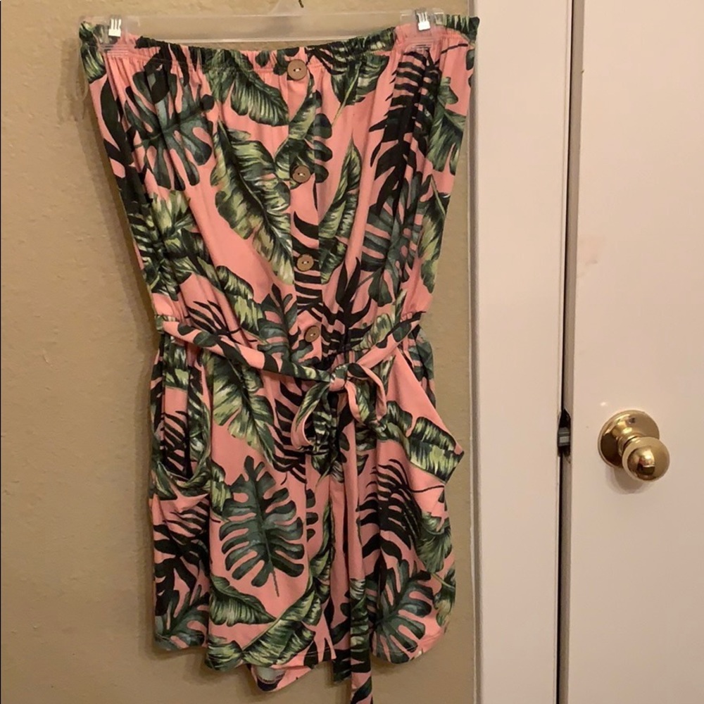 Pink and Palm Strapless Tropical Print Romper